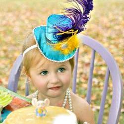 Rhinestone & Turquoise Blue Satin Ostrich Feather Blinged Out Mini Top Hat-Alice In Wonderland Inspired, Photo prop